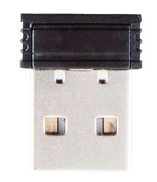 A black USB adapter with a silver USB connector, isolated on a white background.