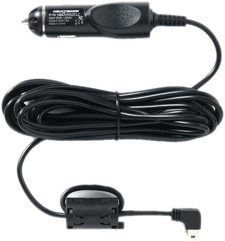 Zwarte autolader met kabel en een micro USB-connector. Het is op een witte achtergrond.