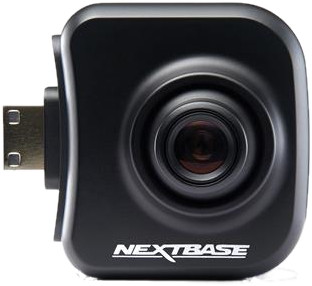 Zwarte dashcam met een lens en een USB-poort. De merknaam is Nextbase.
