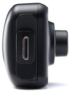 Zwarte camera met lens en HDMI-poort.