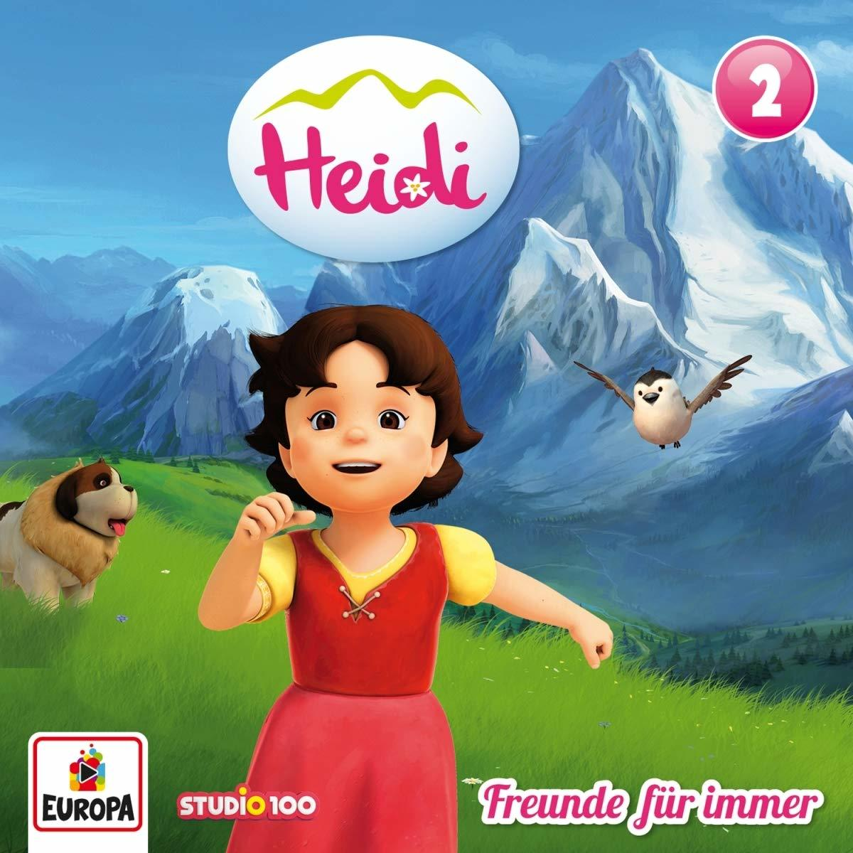 Heidi-Cartoon-Cover mit Heidi, Hund, Vogel und Bergkulisse.
