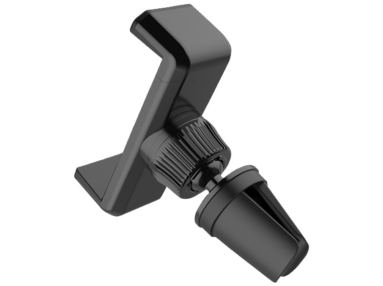 Soporte para teléfono de ventilación de coche negro. Junta esférica y abrazadera visibles.