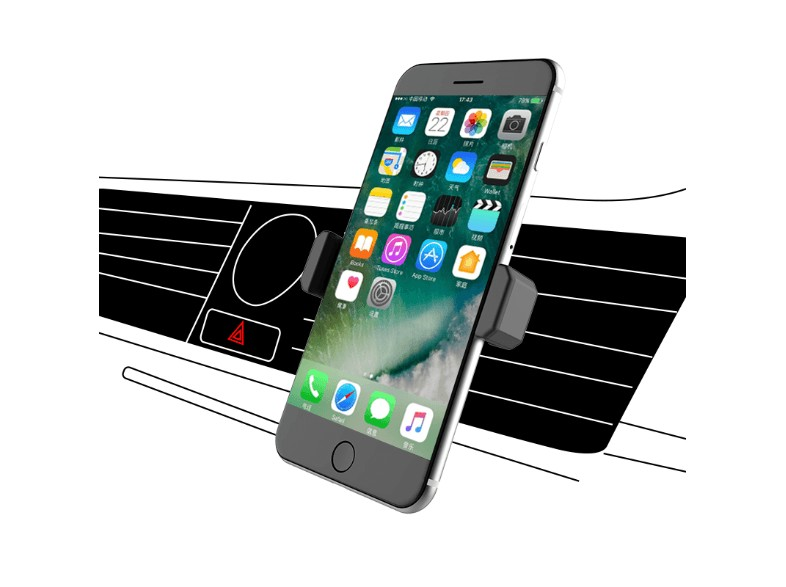 Un teléfono inteligente está montado en un automóvil. El teléfono tiene muchos iconos de aplicaciones en la pantalla.
