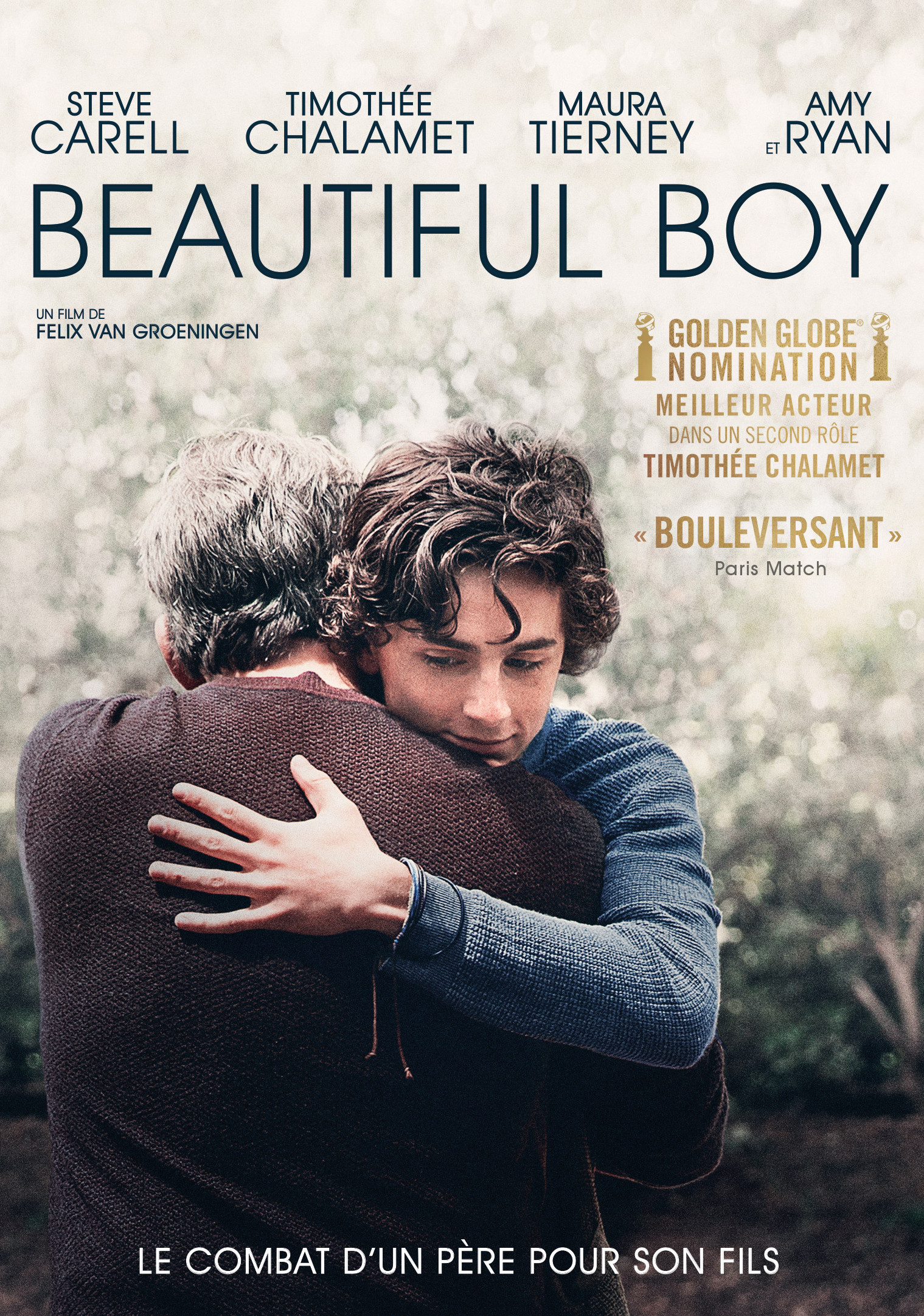 Affiche du film Beautiful Boy. Un père serre son fils dans ses bras. Noms des acteurs et titre du film en haut.