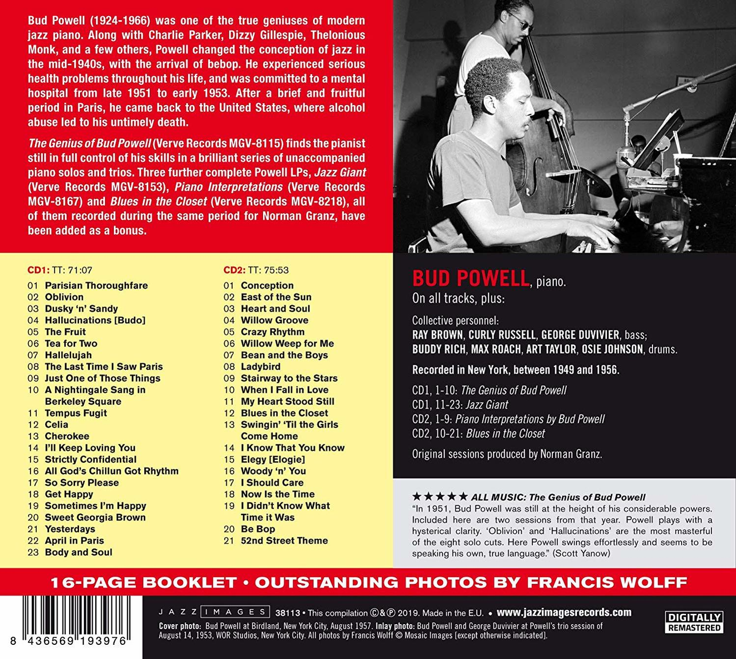 Textlastiges Bild. Enthält eine Biographie von Bud Powell, seine Fotos und eine Diskografie. Text ist in Schwarz und Rot.
