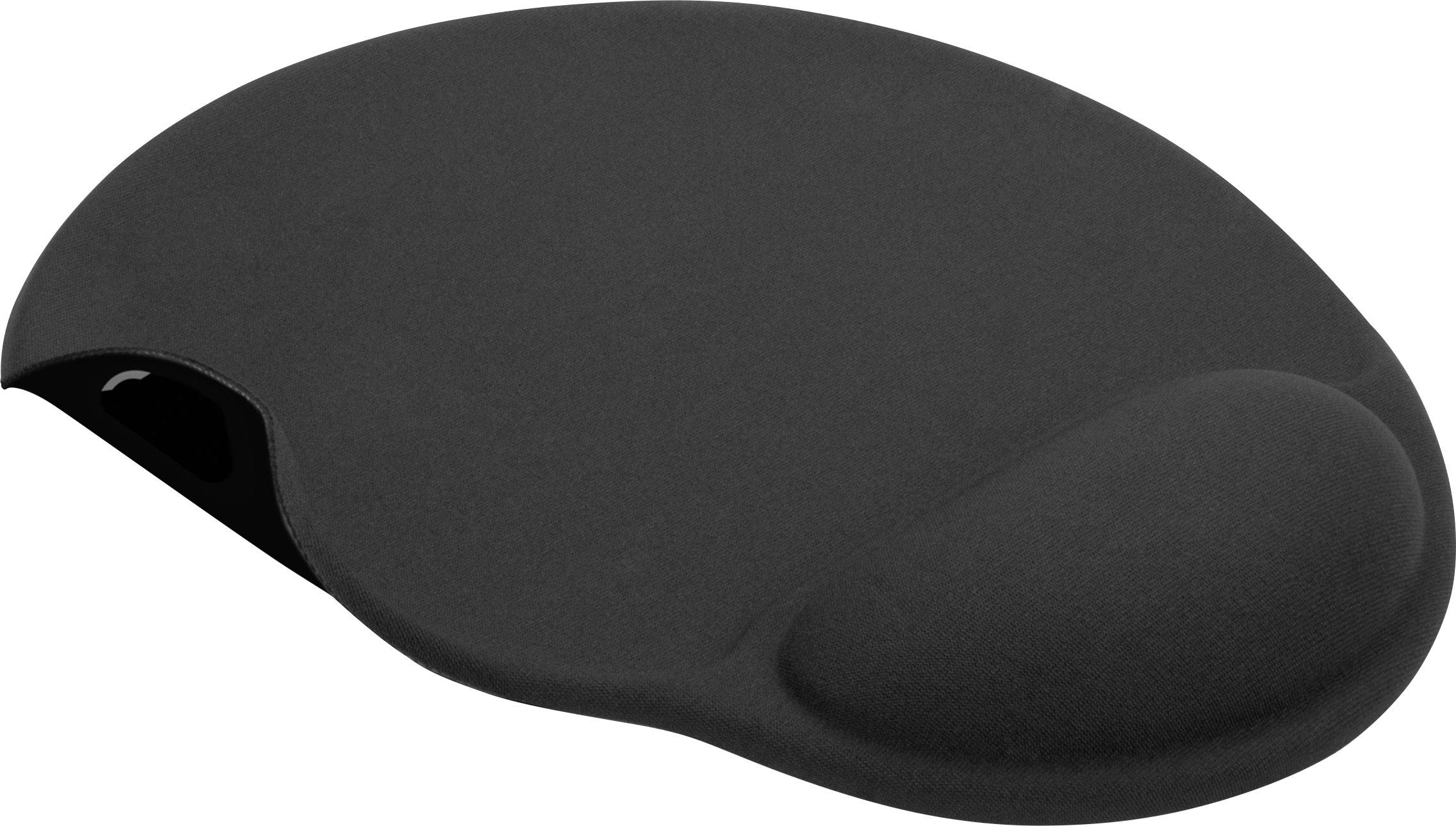 Un tappetino per mouse ergonomico nero con poggiapolsi, visto dall'alto.