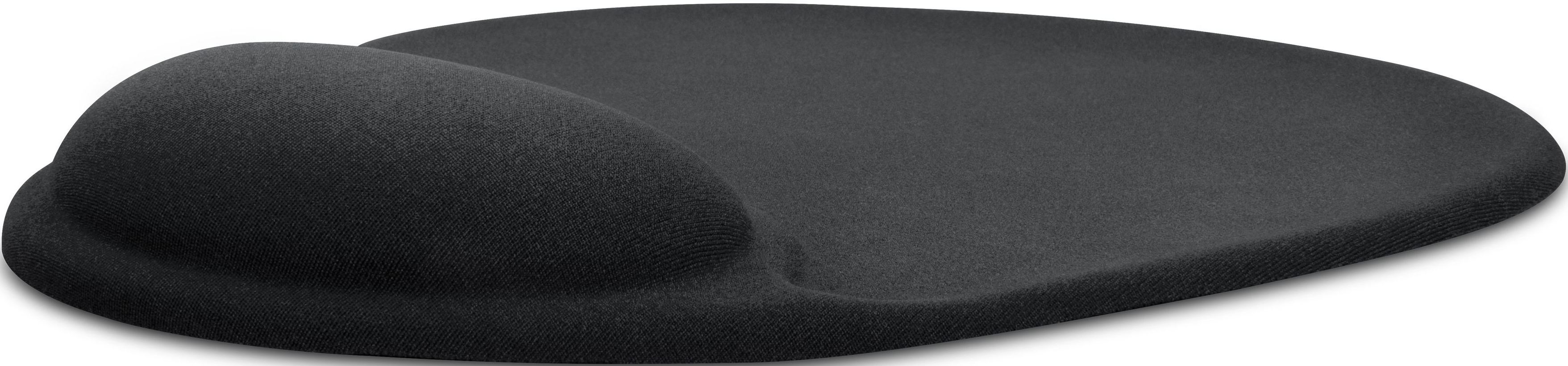Tappetino per mouse nero con poggiapolsi integrato, su sfondo bianco.