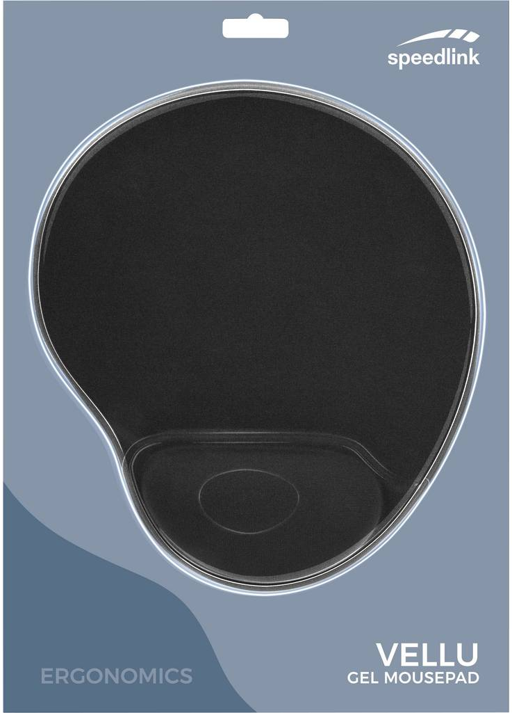 Un tappetino per mouse ergonomico in gel nero nella confezione con il marchio 'Speedlink'.