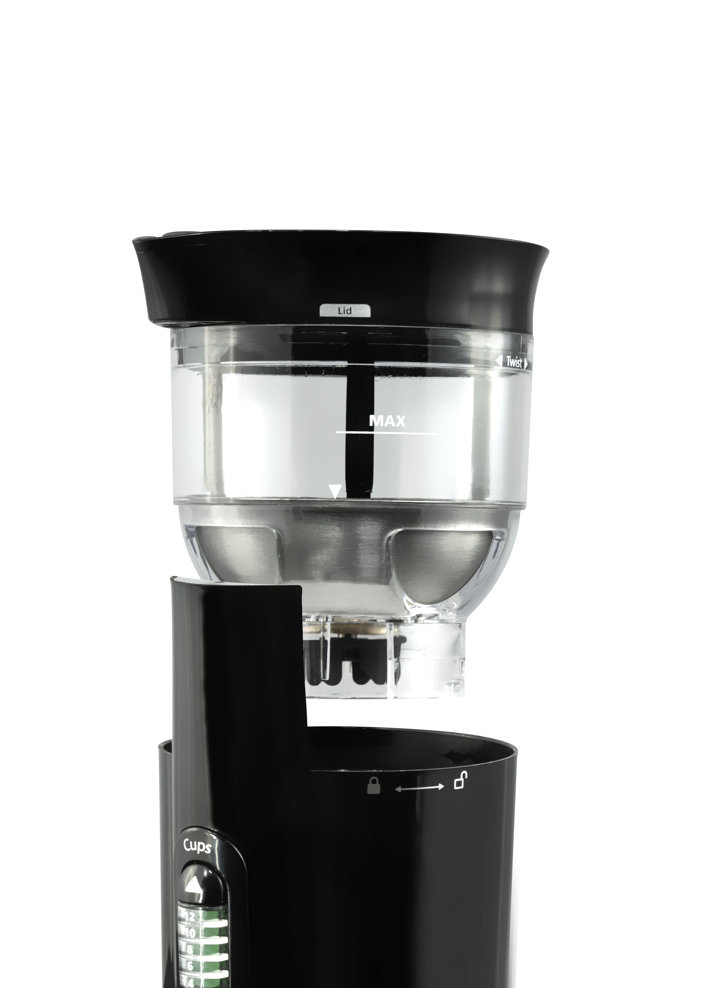 Kaffeemaschine mit abgenommenem Wasserbehälter. Schwarz mit transparentem Bereich.
