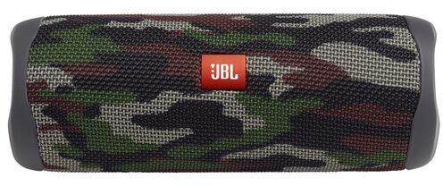 Tarnfarbener JBL-Lautsprecher mit grauen Enden und rotem JBL-Logo.