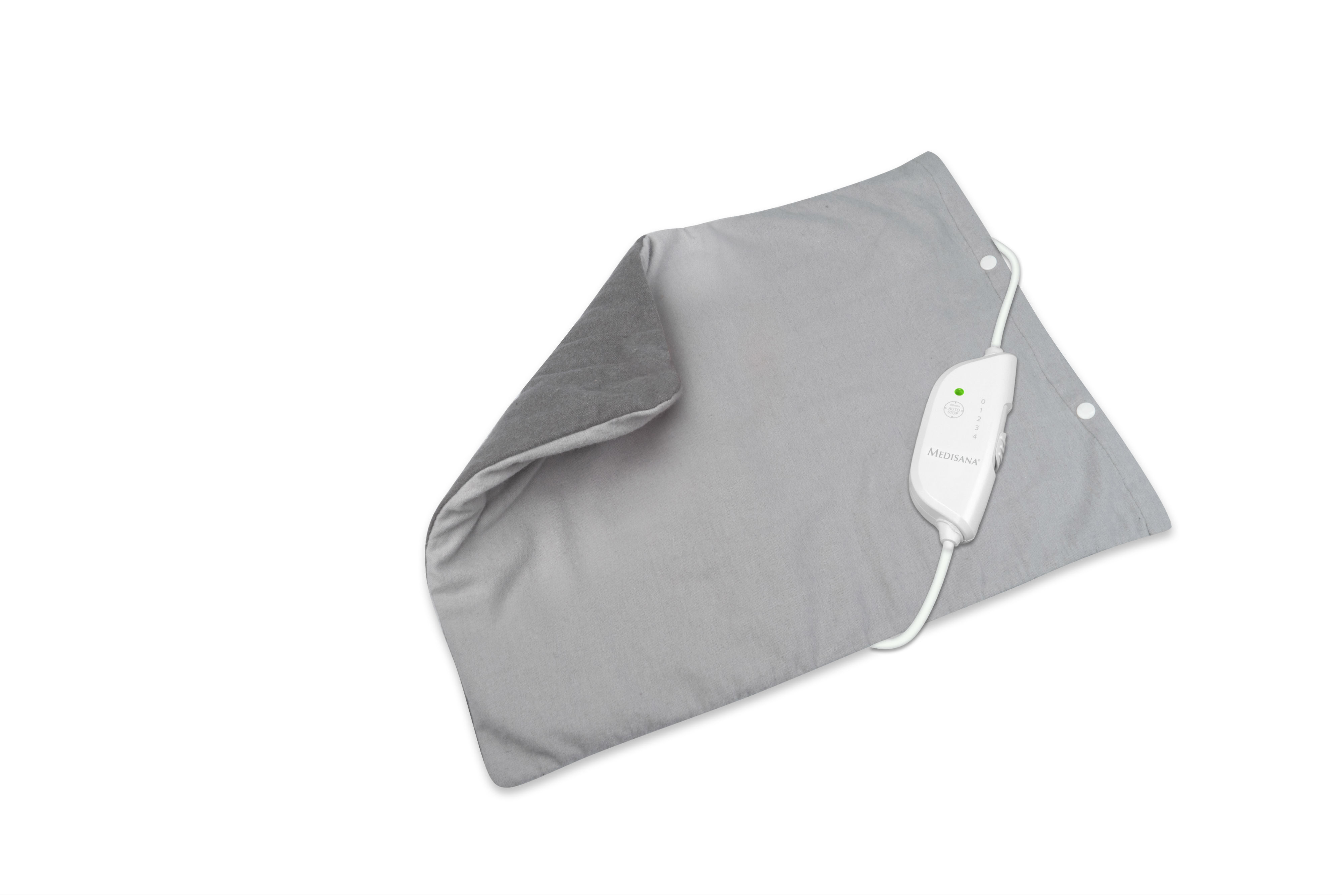 Graues Heizkissen mit Steuerung. Weißes Kabel und Bedienelemente. Weißer Hintergrund.