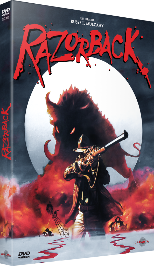 Jaquette du DVD de Razorback. Montre un homme pointant un fusil sur un gros cochon menaçant.