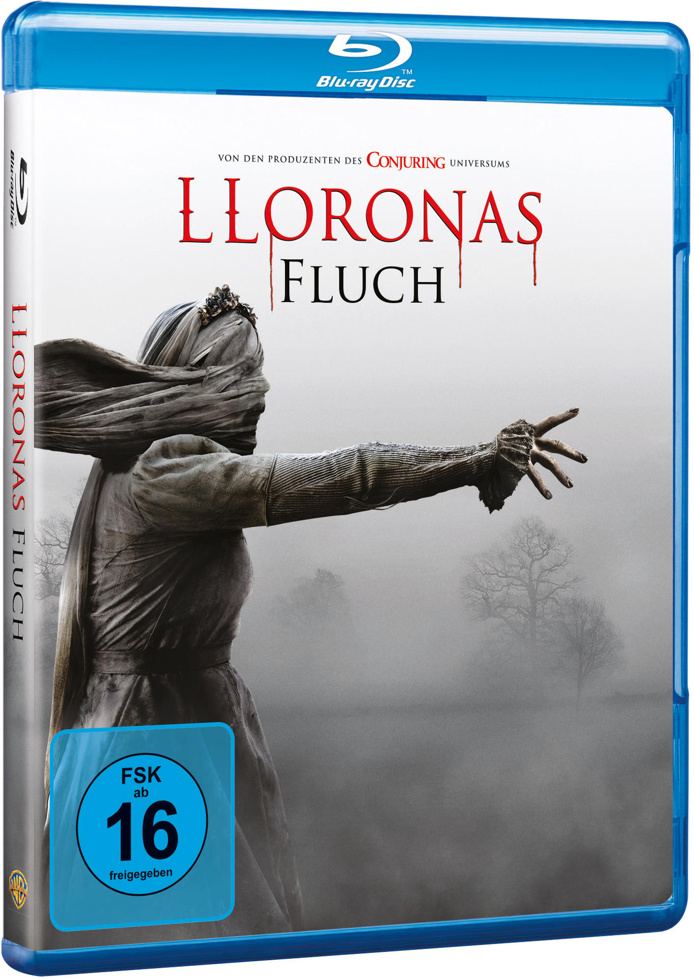 Blu-ray-Cover für 'Lloronas Fluch' mit einer Frau in Weiß, einem dunklen Waldhintergrund.