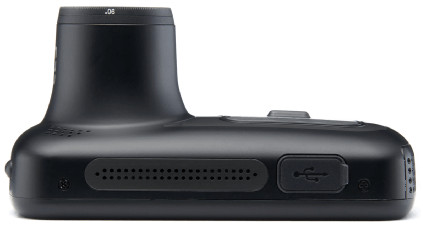 Caméra de tableau de bord noire avec objectif et port USB, vue latérale.