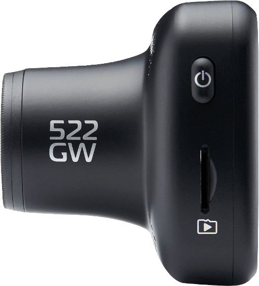 Un enregistreur de bord noir est présenté, avec le texte "522 GW". Il a un bouton d'alimentation, un emplacement pour carte et une icône vidéo.