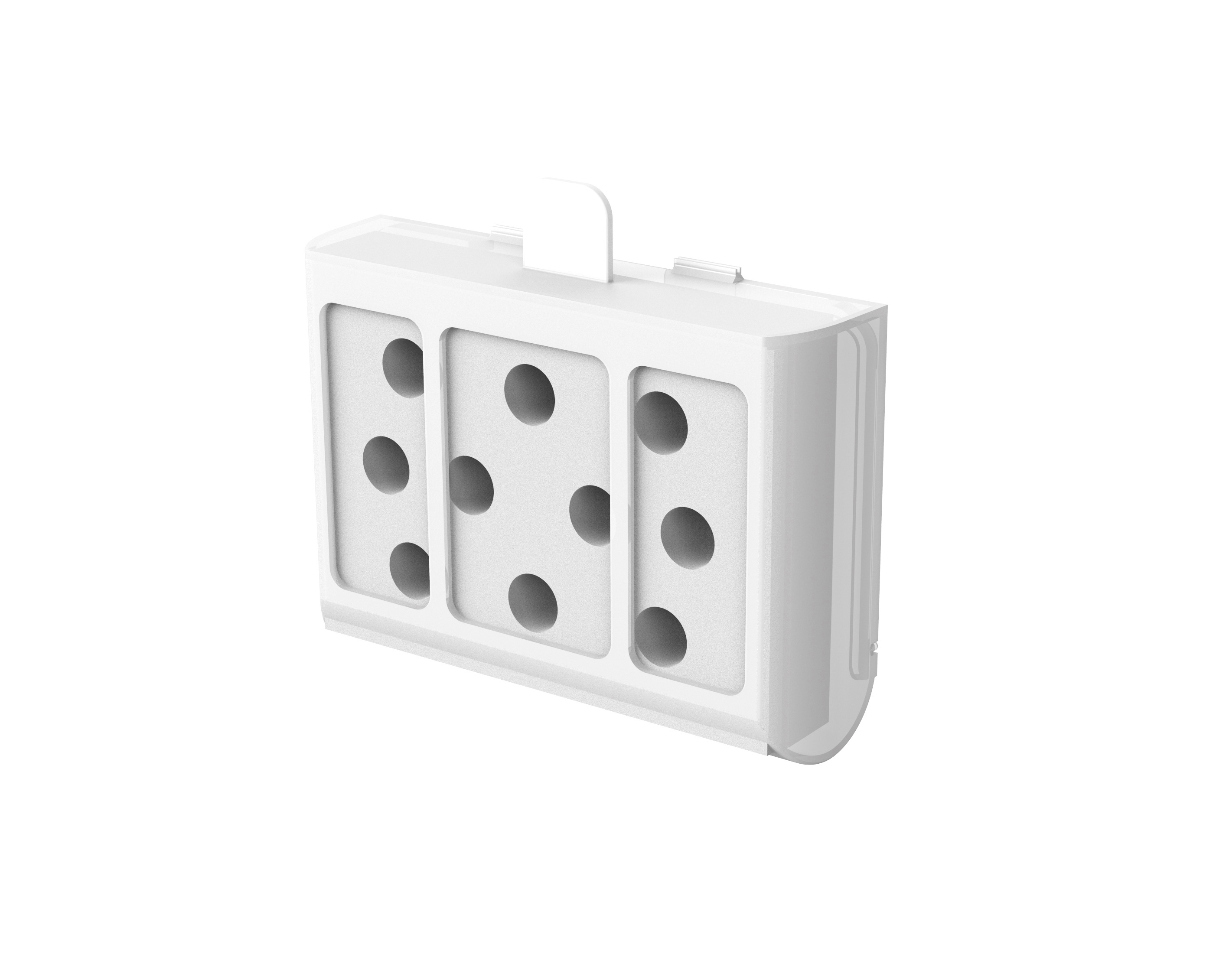 Ein weißer Steckdosenadapter mit 3 Steckdosen. Der Adapter ist rechteckig mit einer Lasche oben.