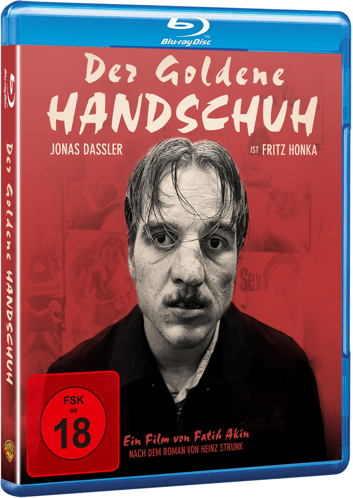 Blu-ray-Box mit einem Männergesicht. Roter Hintergrund mit deutschem Text: 'Der Goldene Handschuh'.