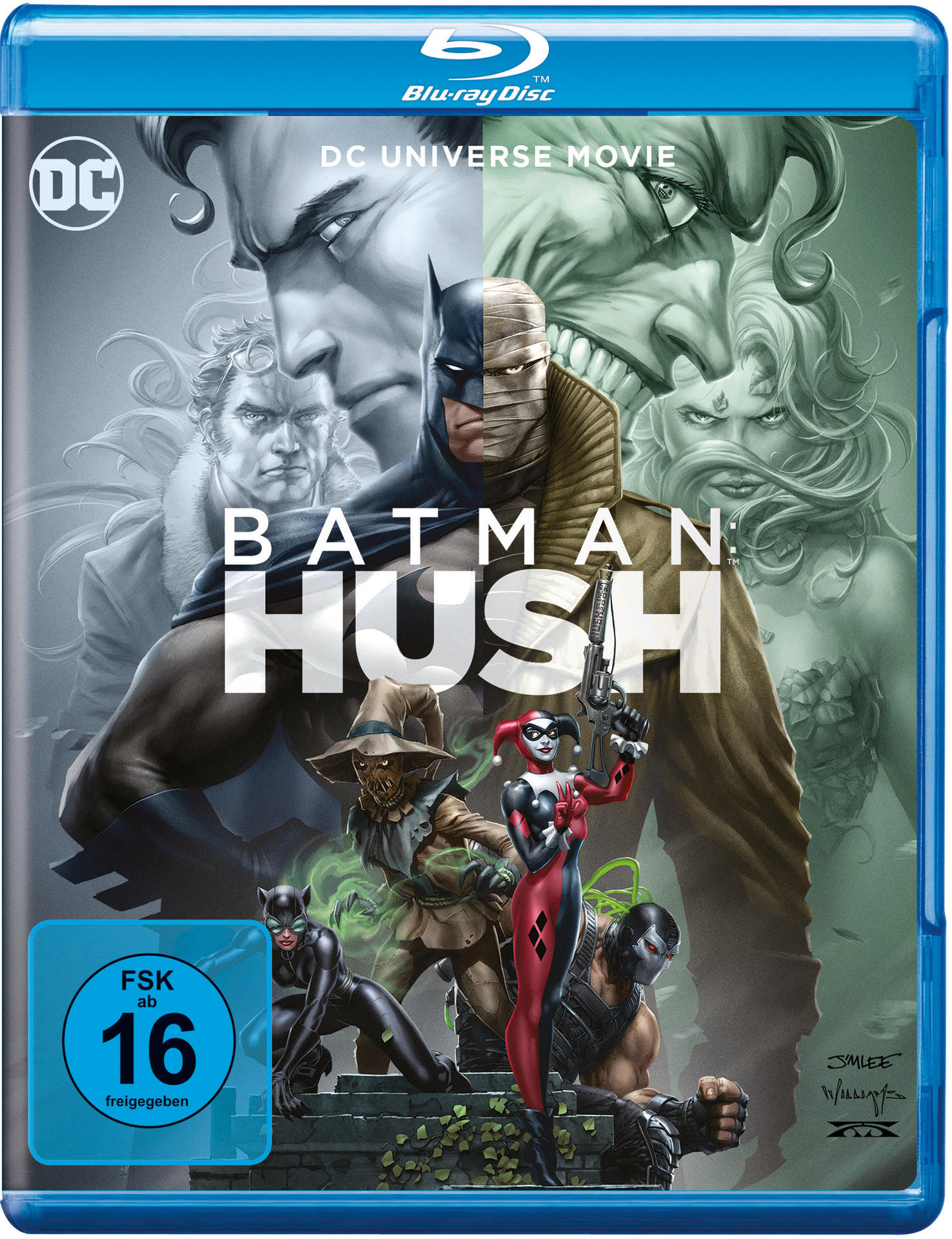 Ein Blu-ray-Filmcover. Enthält Batman, den Joker, Harley Quinn und andere DC-Charaktere.