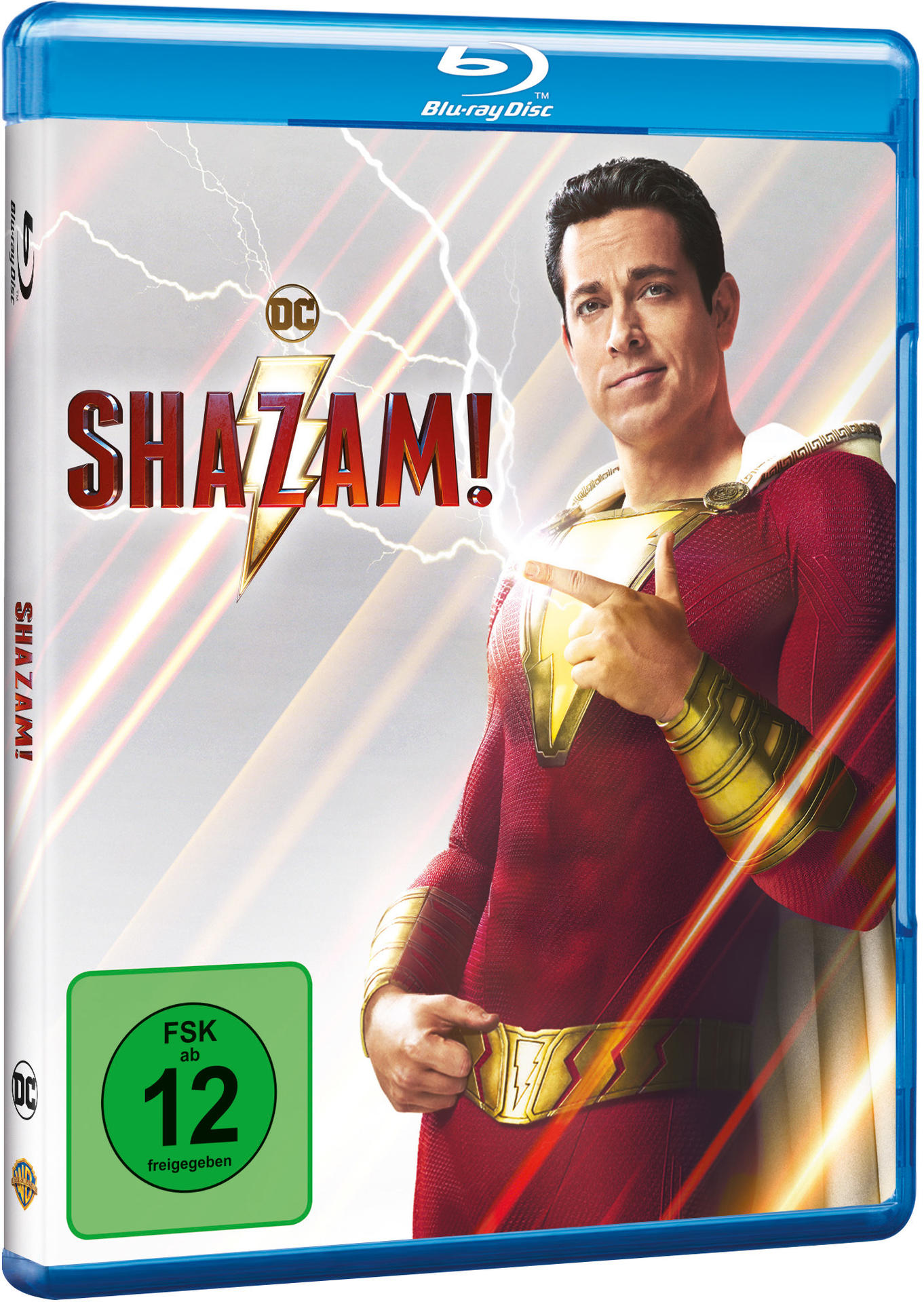 Blu-ray-Disc des Films Shazam!, mit dem Schauspieler in einem roten Shazam-Anzug.