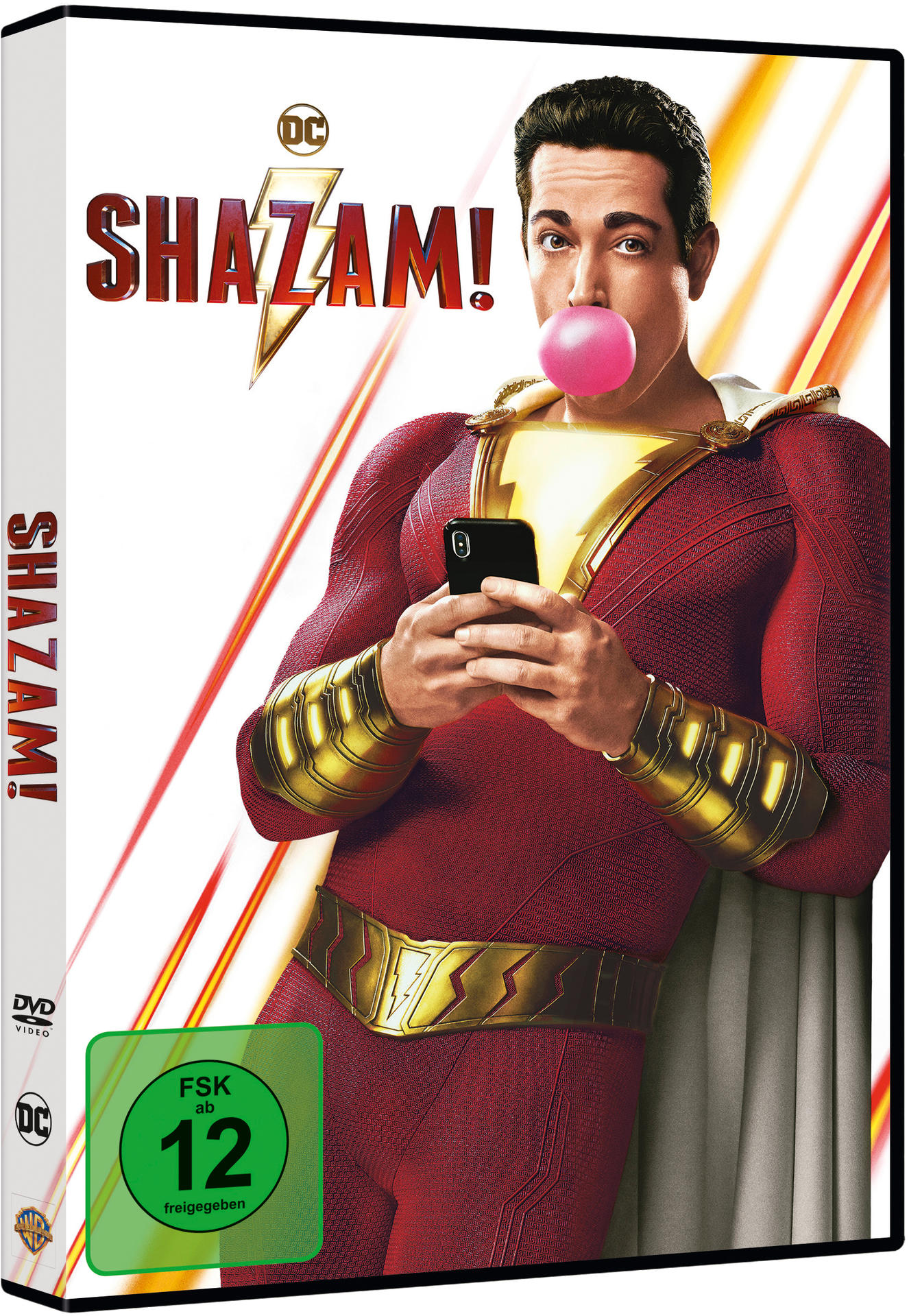 DVD-Hülle von 'Shazam!'. Ein Superheld mit rotem Anzug und Handy in der Hand, mit rosa Blase.
