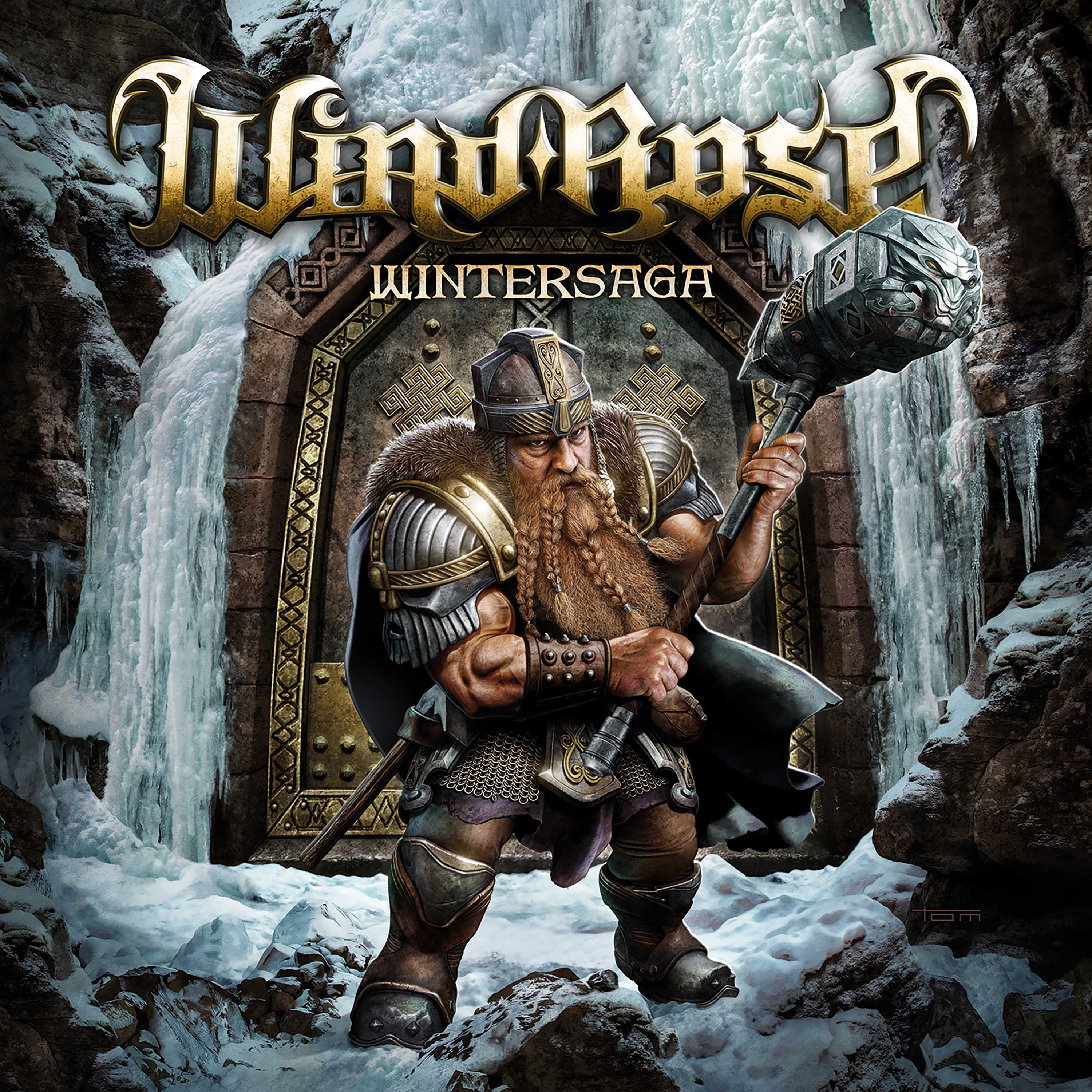 Albumcover: Kriegerzwerg mit Hammer, vor gefrorener Tür, schneebedeckter Berg im Hintergrund.