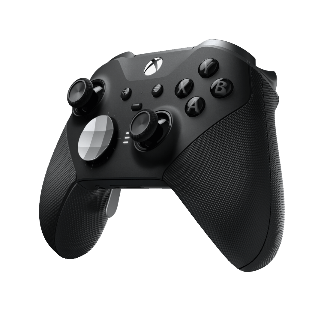 Zwarte Xbox-controller met knoppen en twee draaiknoppen.