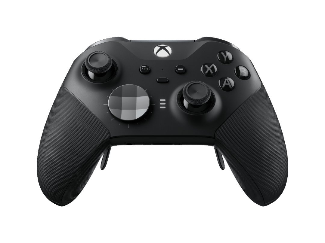 Zwarte Xbox Elite Series 2 controller. Het heeft diverse knoppen en joysticks aan de voorkant.
