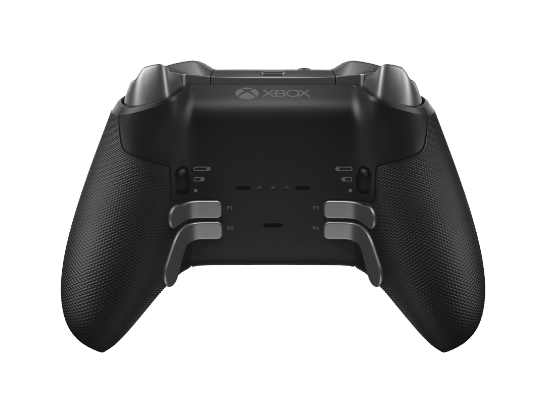 De achterkant van een zwarte Xbox Elite Series 2 controller. Het heeft paddles en het Xbox-logo.
