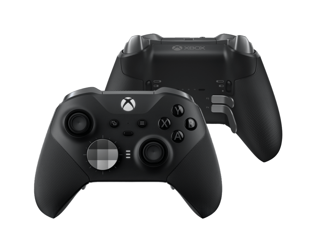Twee zwarte Xbox-controllers, een naar voren, een naar achteren.