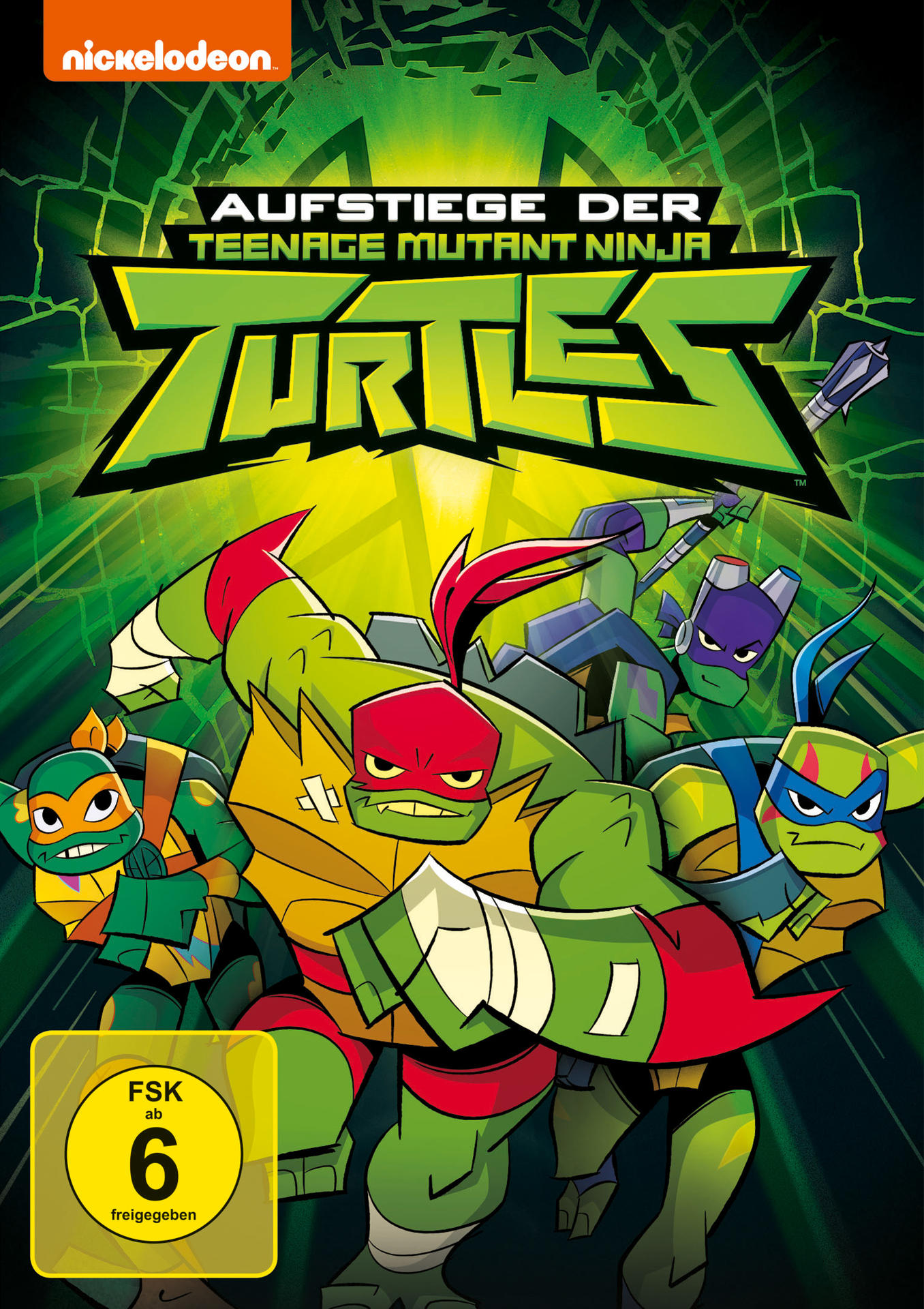 Teenage Mutant Ninja Turtles DVD-Cover mit Schildkröten und Logo, grüner Hintergrund.