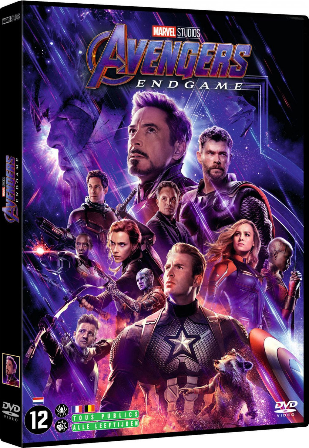 Boîtier DVD Avengers: Endgame. Les personnages du film sont présentés sur la couverture.