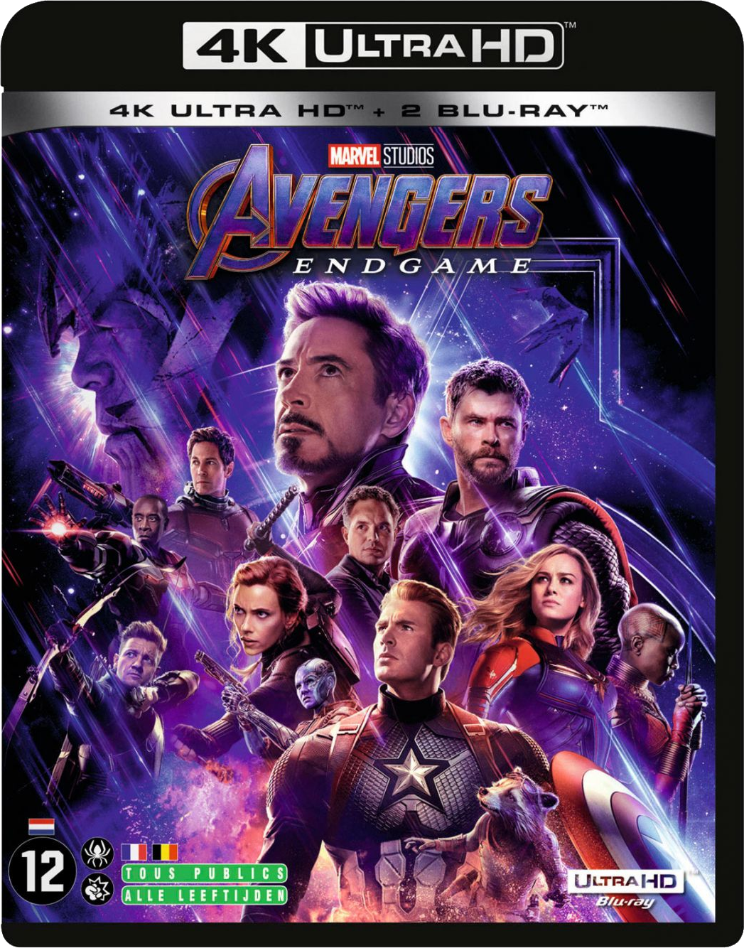 Couverture Blu-ray Avengers Endgame avec plusieurs personnages du film.