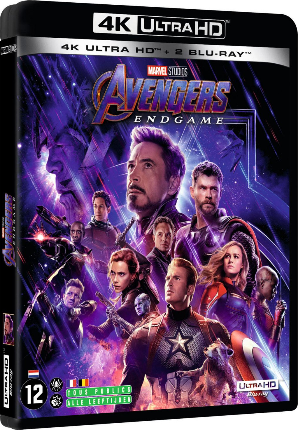 Couverture du film Avengers: Endgame. Groupe de héros, fond violet, 4K Ultra HD Blu-ray.