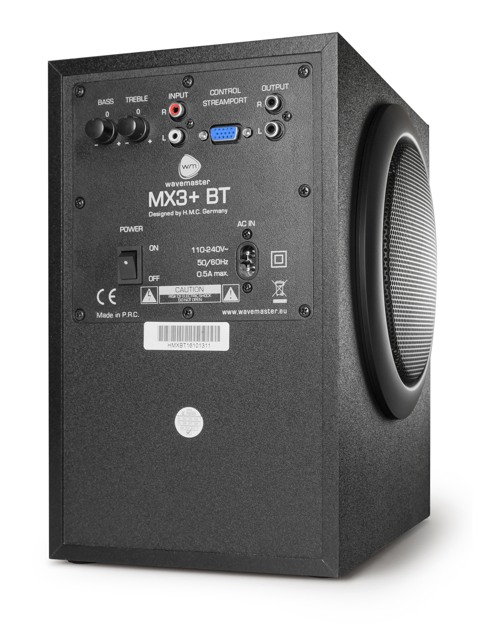 Schwarzer Subwoofer mit Bedienelementen und Anschlüssen auf der Rückseite. Das Wavemaster-Logo.