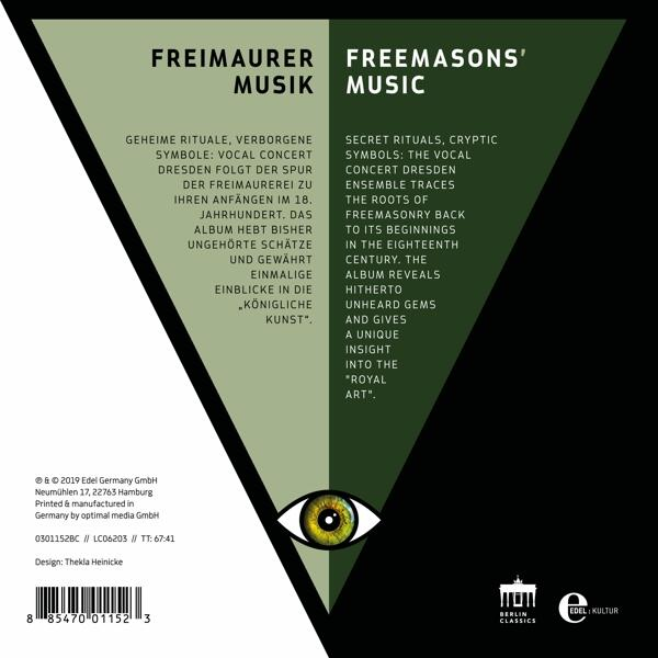 Freimaurer Musik Albumcover mit Text und einem Design, das ein Auge enthält.