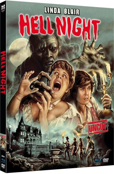 Filmplakat: Hell Night. Eine Frau schreit, während die Hand eines Monsters sie packt. Andere Figuren und ein Schloss sind sichtbar.