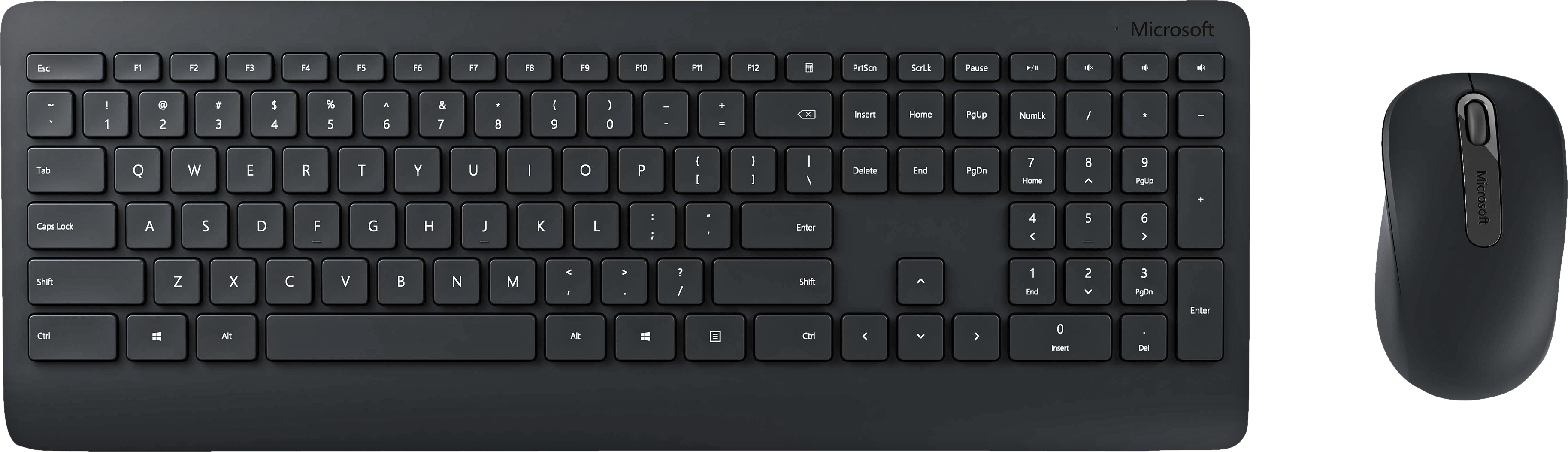 Ensemble clavier et souris Microsoft. Le clavier est noir, la souris grise. Les deux sur surface blanche.