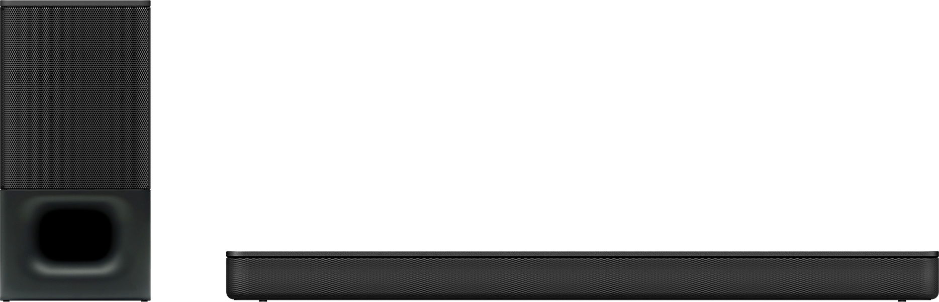 Schwarze Soundbar und Subwoofer. Die Soundbar ist lang und dünn. Beide Artikel sind schwarz.