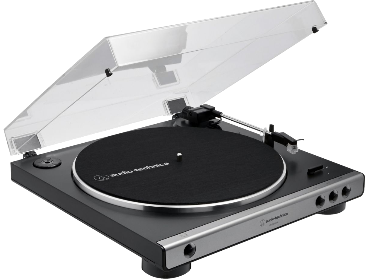 Platine vinyle avec plateau noir, base argentée et couvercle transparent ouvert.