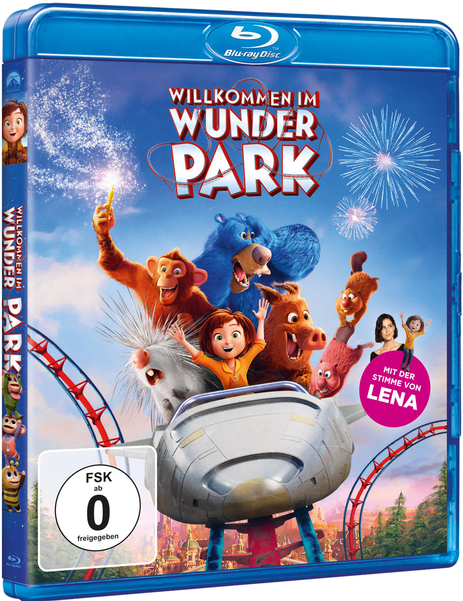Blu-ray-Cover für 'Willkommen im Wunderland', animierte Charaktere, Achterbahnszene.