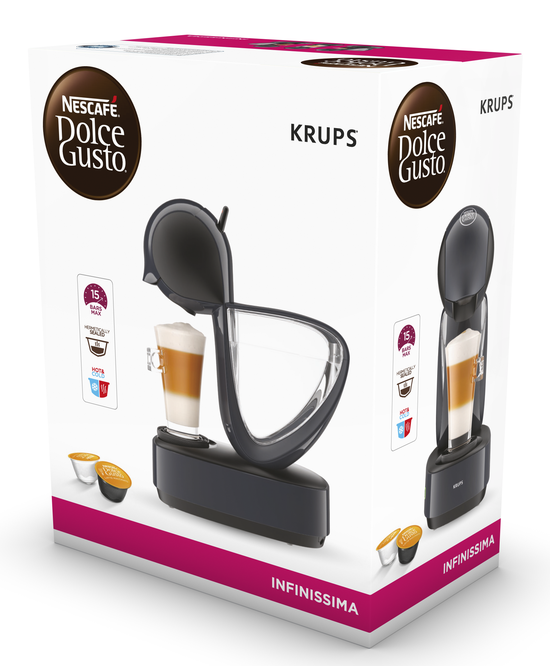 Weiße Box mit Kaffeemaschine. Schwarze Maschine mit Kaffeetasse und Pads an der Seite.