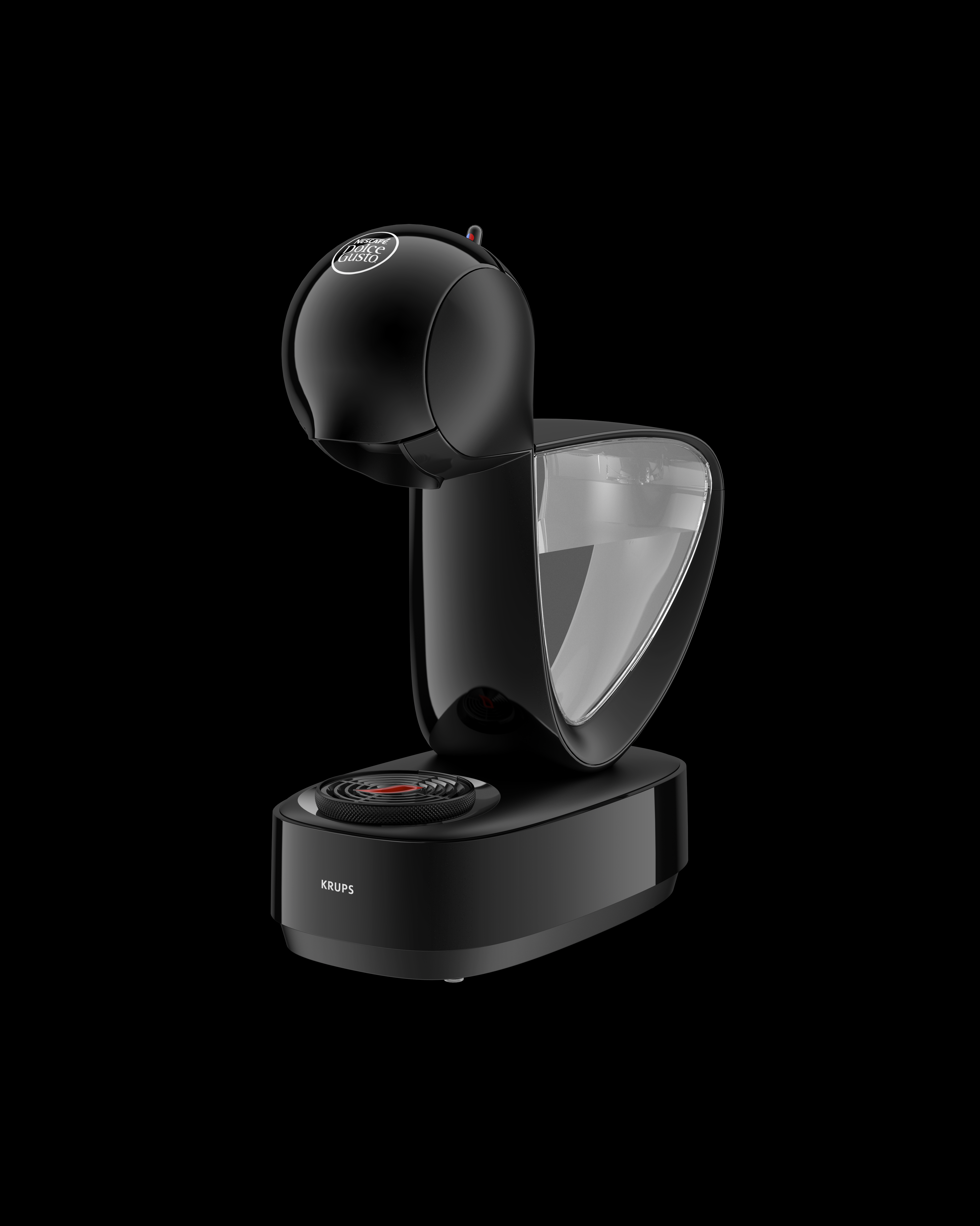 Schwarze Krups Kaffeemaschine auf schwarzem Hintergrund.