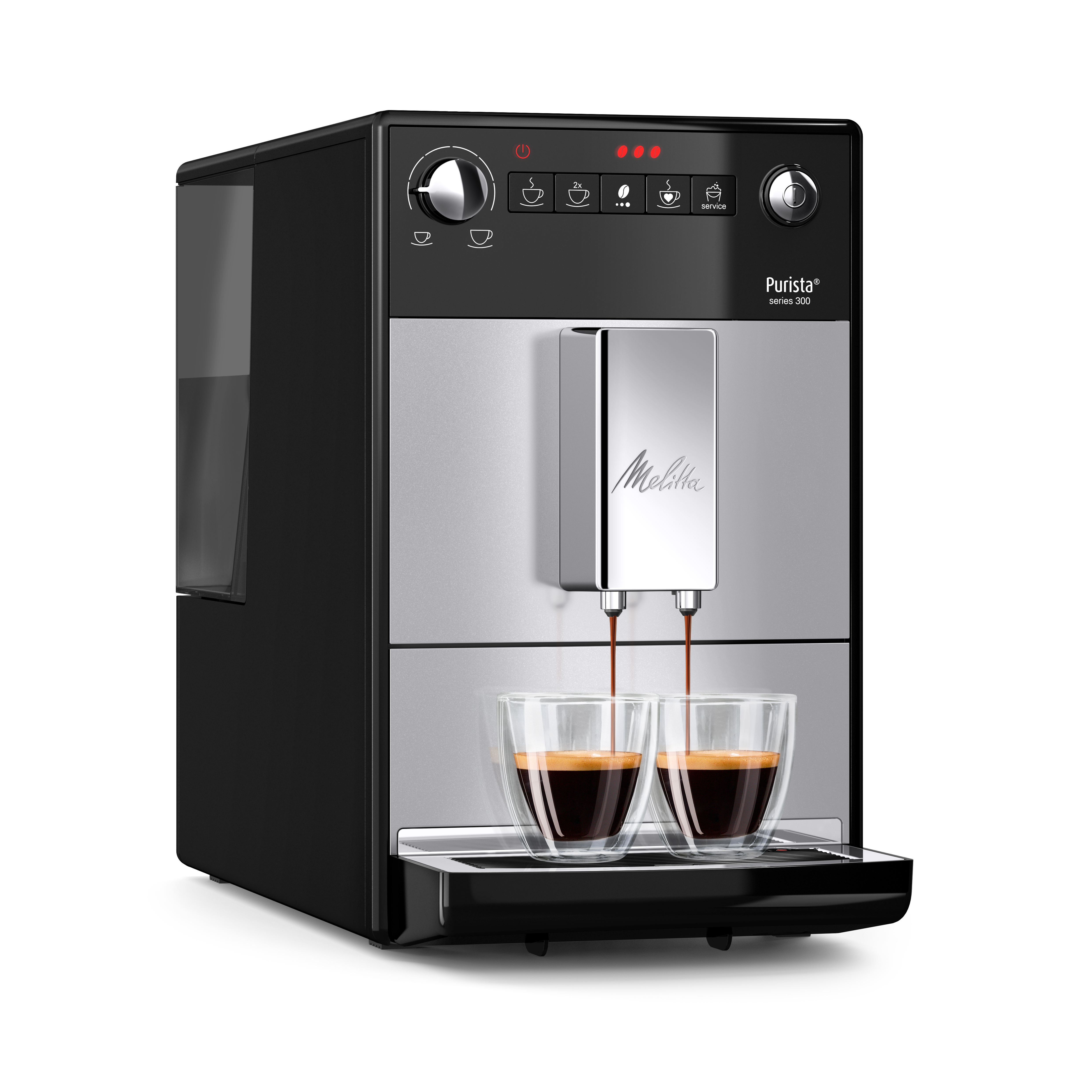 Eine Melitta Kaffeemaschine, schwarz mit silberner Front, die Kaffee in Gläser ausgibt.
