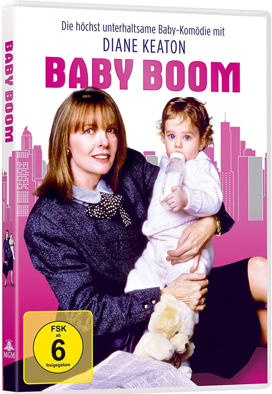 DVD-Cover von 'Baby Boom'. Diane Keaton hält ein Baby. Der Titel ist pink.