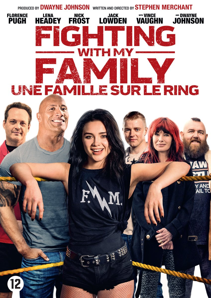 Filmposter: Dwayne Johnson met andere acteurs. Titel: Fighting with My Family. Een familie in de ring.