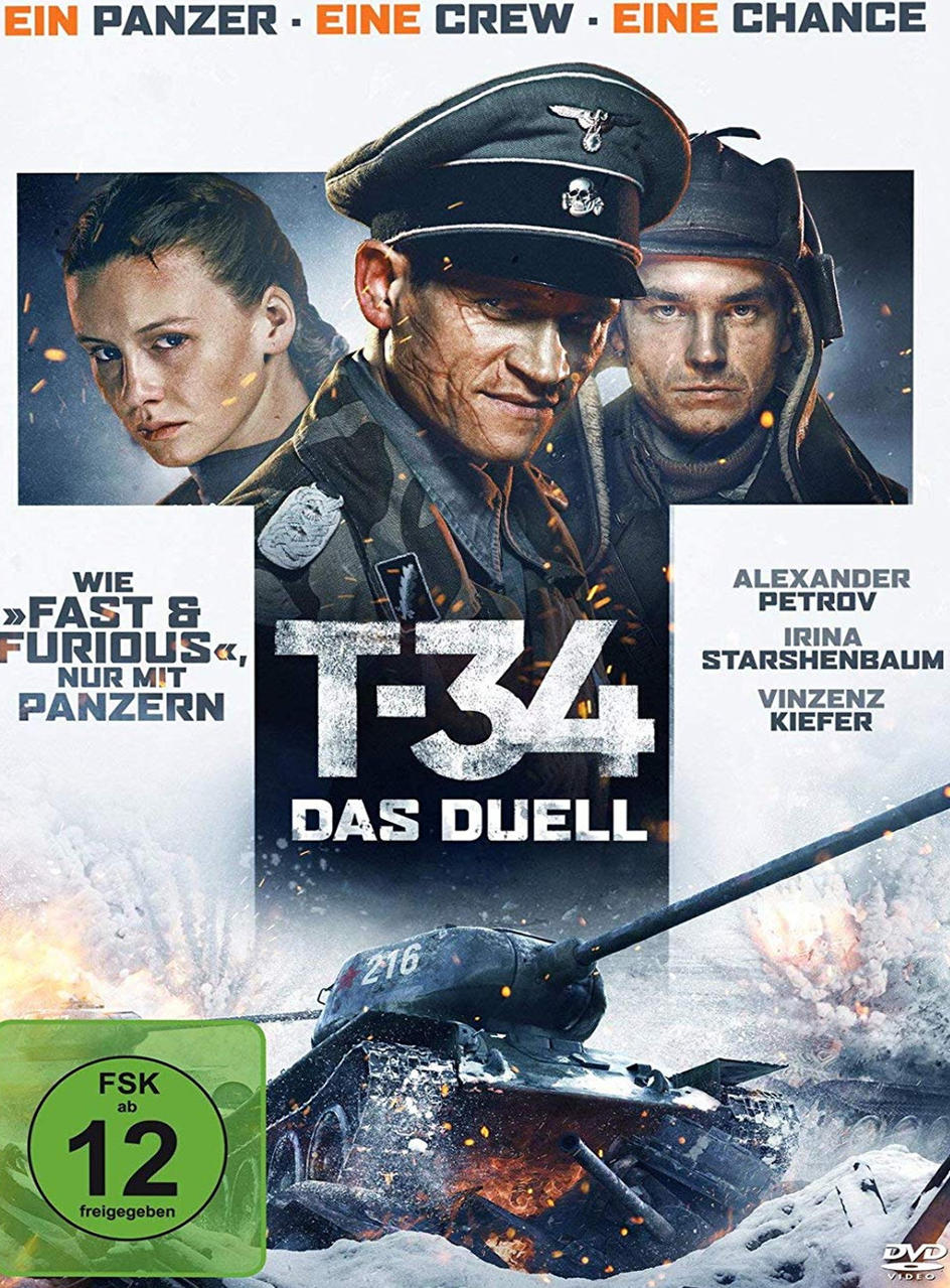 Filmplakat mit drei Schauspielern. Der Titel ist T-34 in großer Schrift. Unten ist ein Panzer abgebildet.