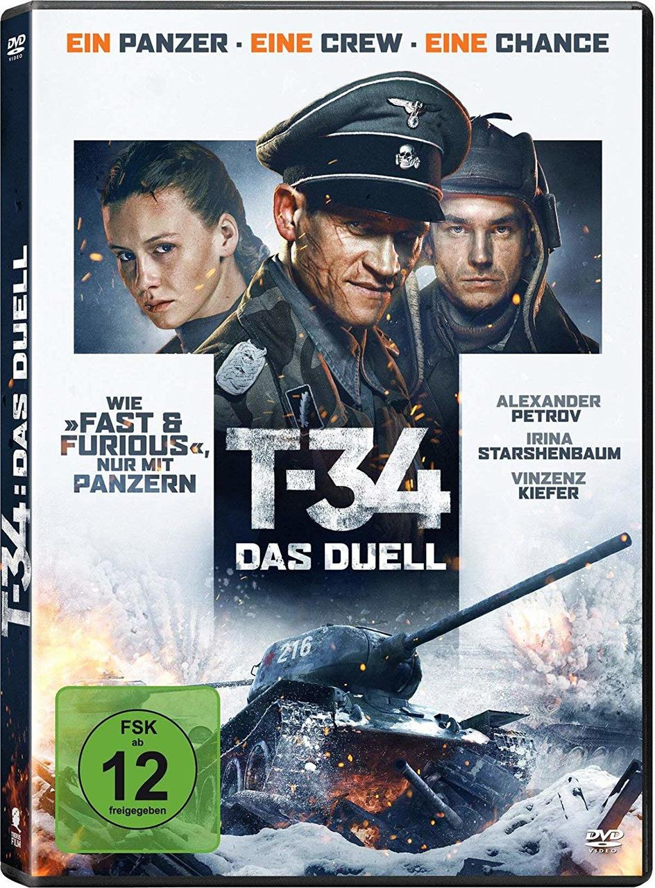 DVD-Cover von T-34: Das Duell. Mit Schauspielern und einem Panzer. Titel auf Deutsch.