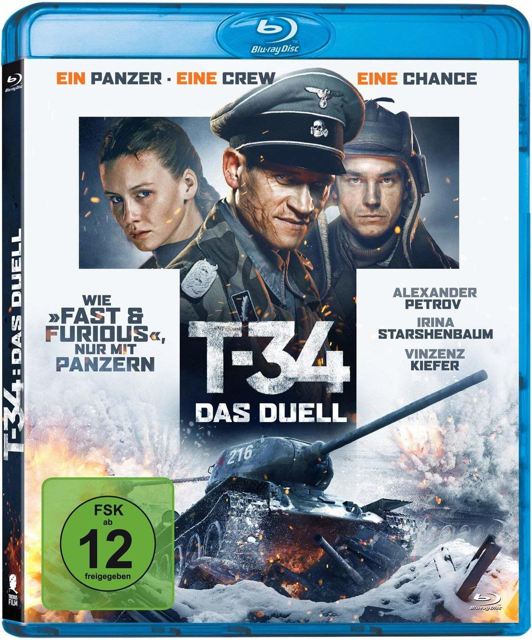 DVD-Cover: T-34: Das Duell. Soldaten und ein Panzer auf einem schneebedeckten Feld. Blaue Hülle.