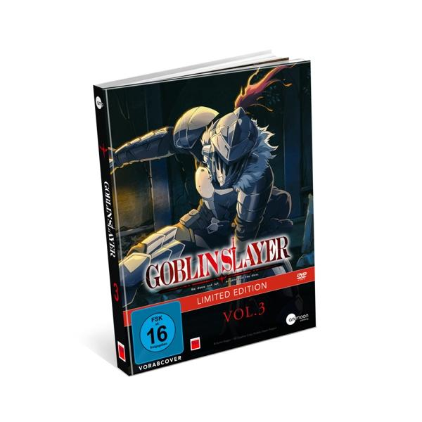 Ein DVD-Cover für 'Goblin Slayer Vol. 3' mit einem Krieger in Rüstung mit einem Schwert.