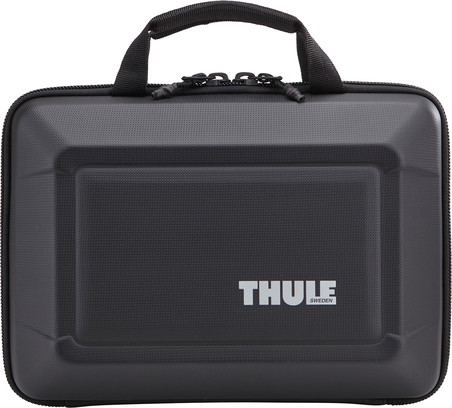 A black Thule carrying case with a handle. The case has a textured surface and a Thule logo.